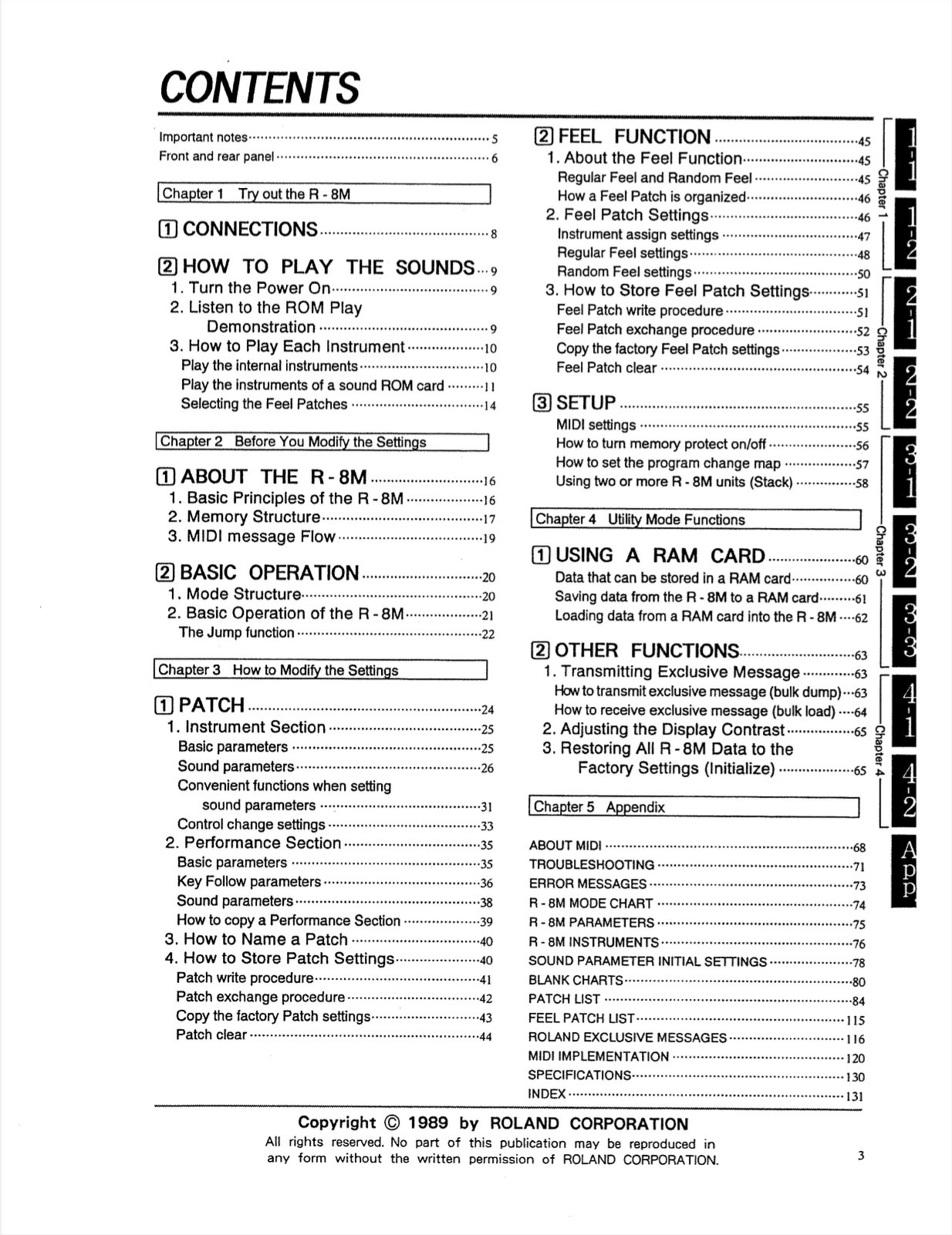Table of contents of R-8M manual