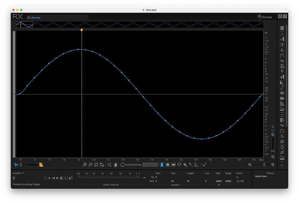 A 1kHz sine wave in an audio editor