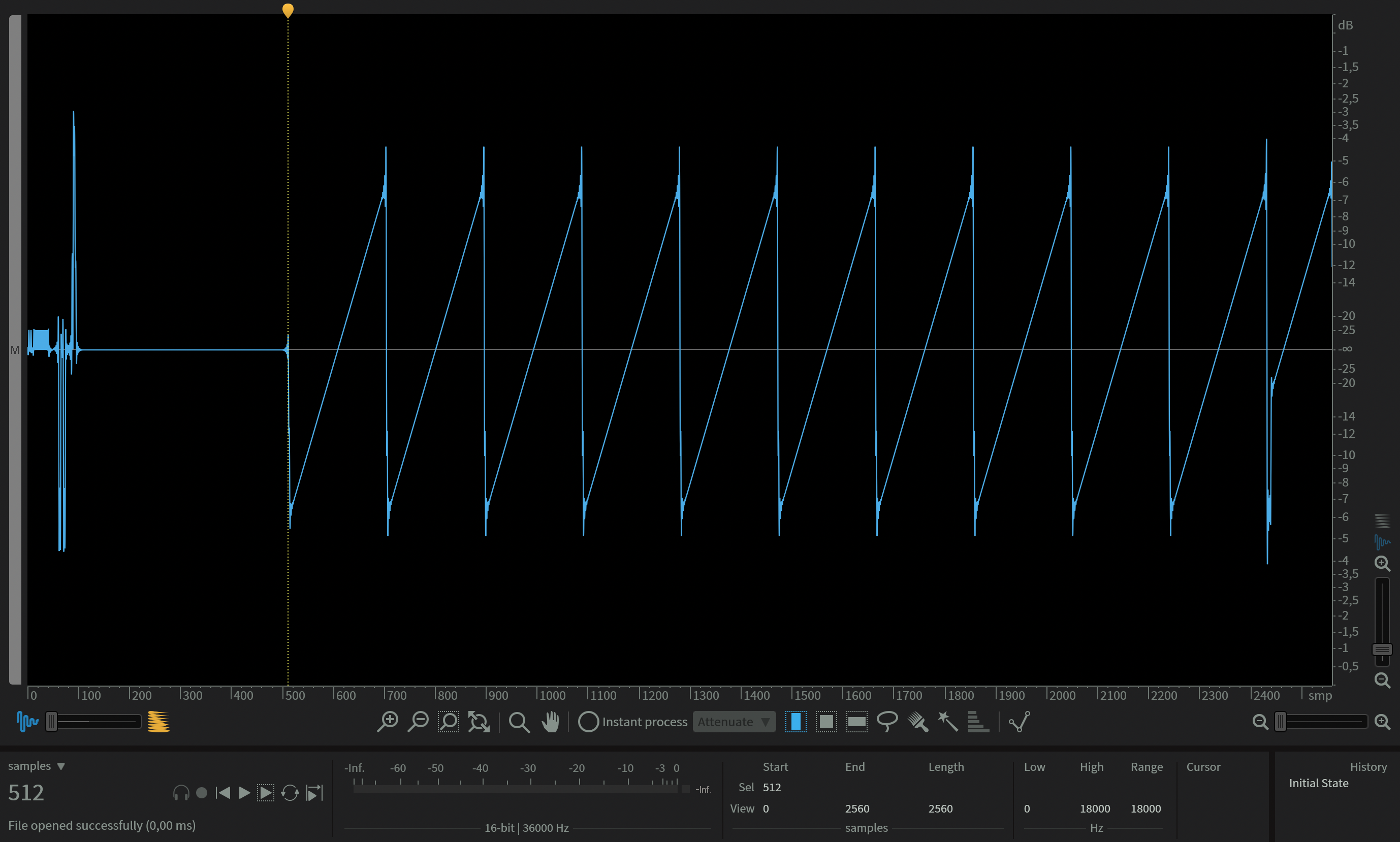 A "sawtooth" preset wave voice file visualized as audio data