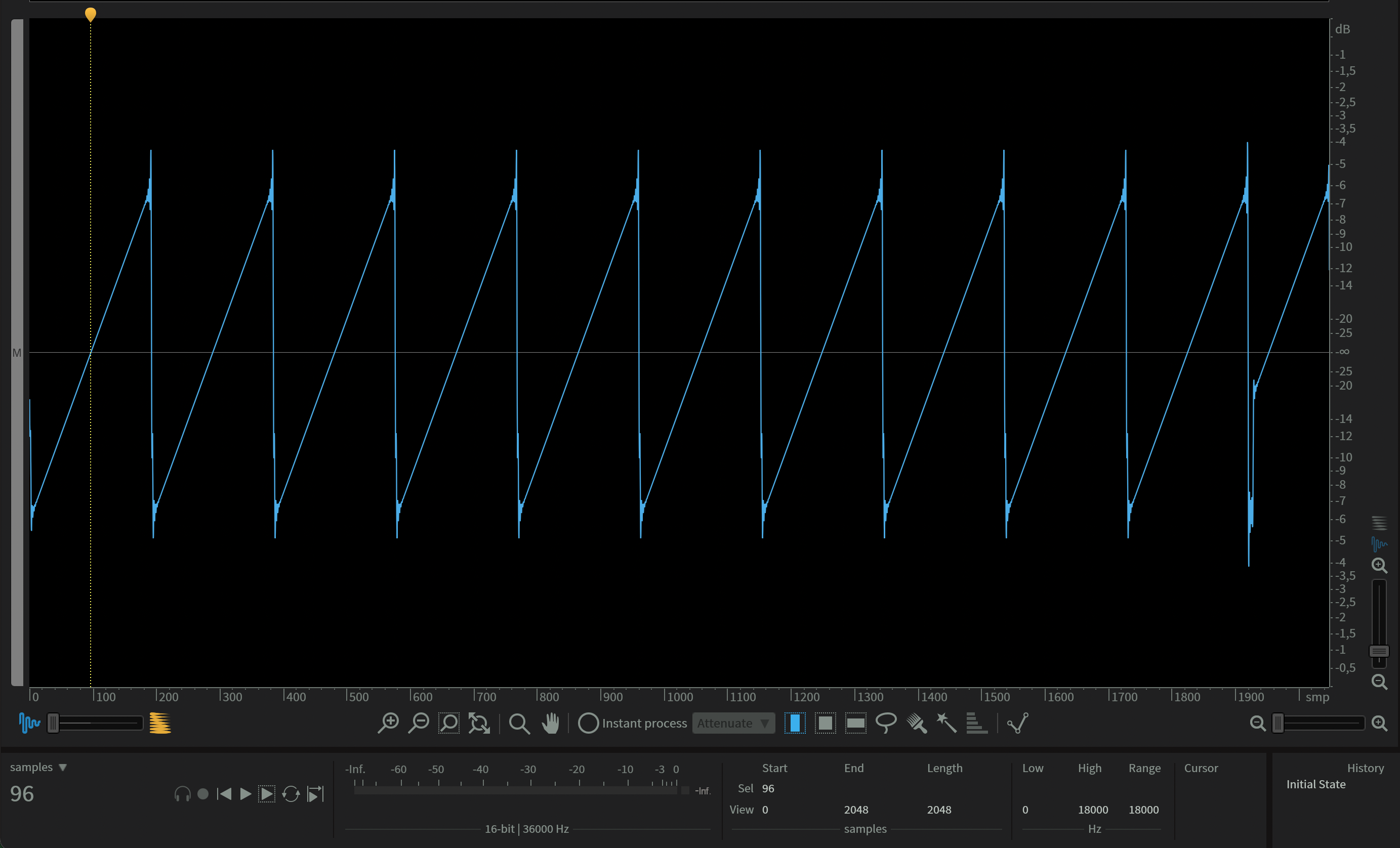The first zero crossing of the "sawtooth" preset wave
